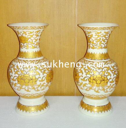 แจกันเซรามิคป่องกลางลายบัวสีทอง ขนาดสูง 12 นิ้ว