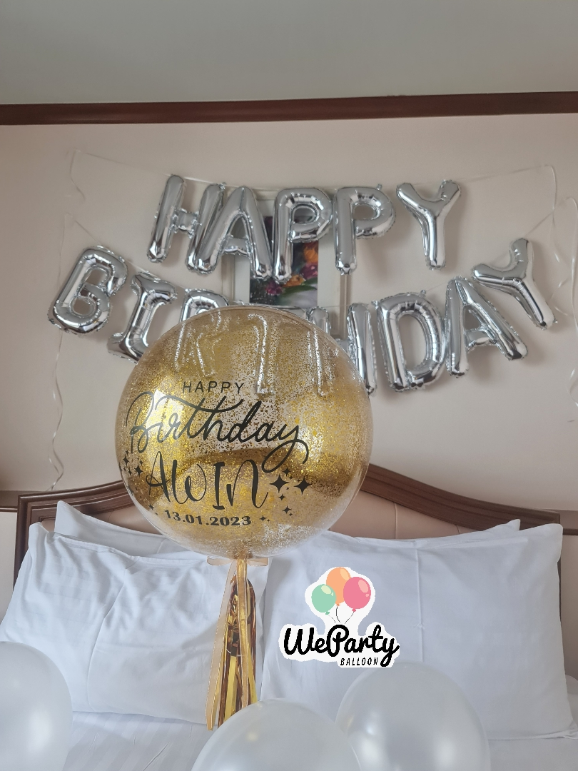 ลูกโป่งเซอร์ไพรส์ HBD Balloon Room Surprise บับเบิ้ล1ลูก+HAPPY BIRTHDAY 16" ฟรอยด์ 1ชุด+ลูกโป่งเป่าปล่อย 12 ลูก (with Helium)(10pcs)