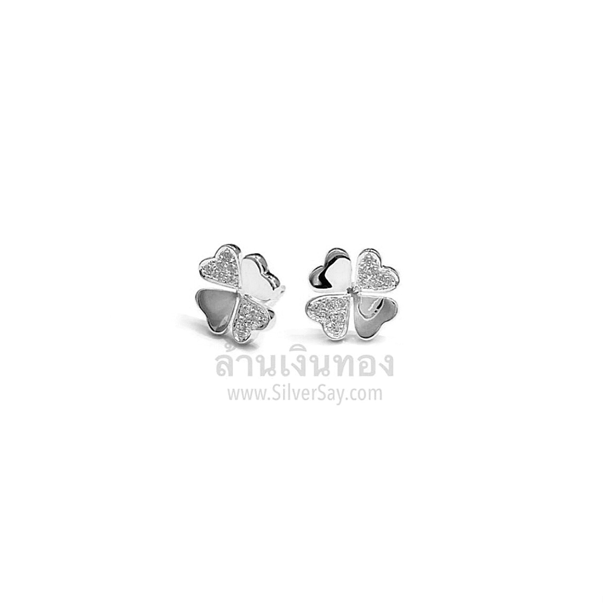 ต่างหูใบโคลเวอร์ Clover 4 ฝังเพชรสวิส/สลับเกลี้ยง/แบบก้าน/10 มม.