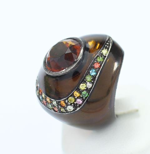 SI0092 แหวนเงินพลอยส้มลงยาสีน้ำตาล เงินแท้ นน. 15.7 กรัม Size 53