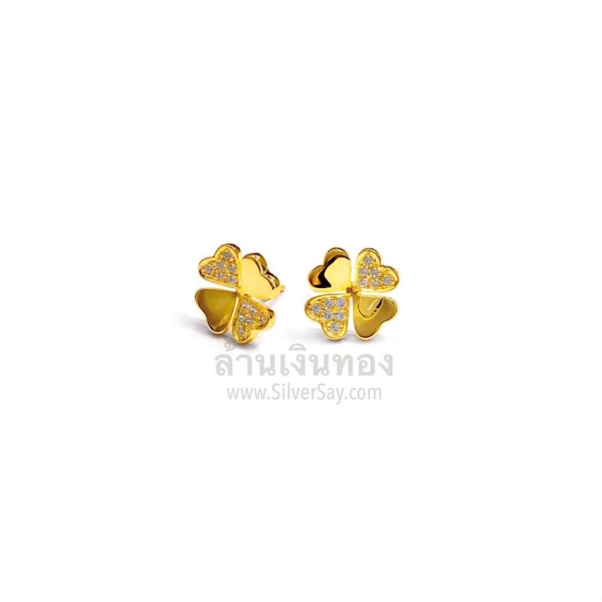 ต่างหูใบโคลเวอร์ Clover 4 ฝังเพชรสวิส/สลับเกลี้ยง/แบบก้าน/10 มม./สีทองคำ22k