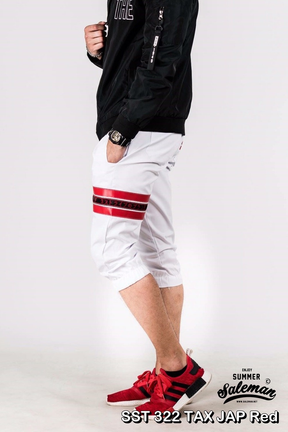 กางเกงสามส่วน พรีเมี่ยม ผ้า COTTON รหัส SST 322 TAX JAP Red สีขาว แถบแดง