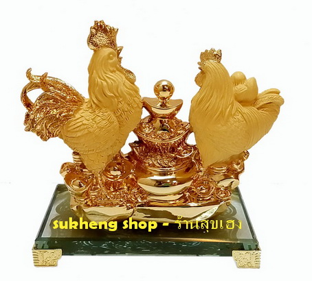 ครอบครัวไก่อ้วนสีทองมงคลกับโอ่งเงินทอง ขนาด 6 นิ้ว
