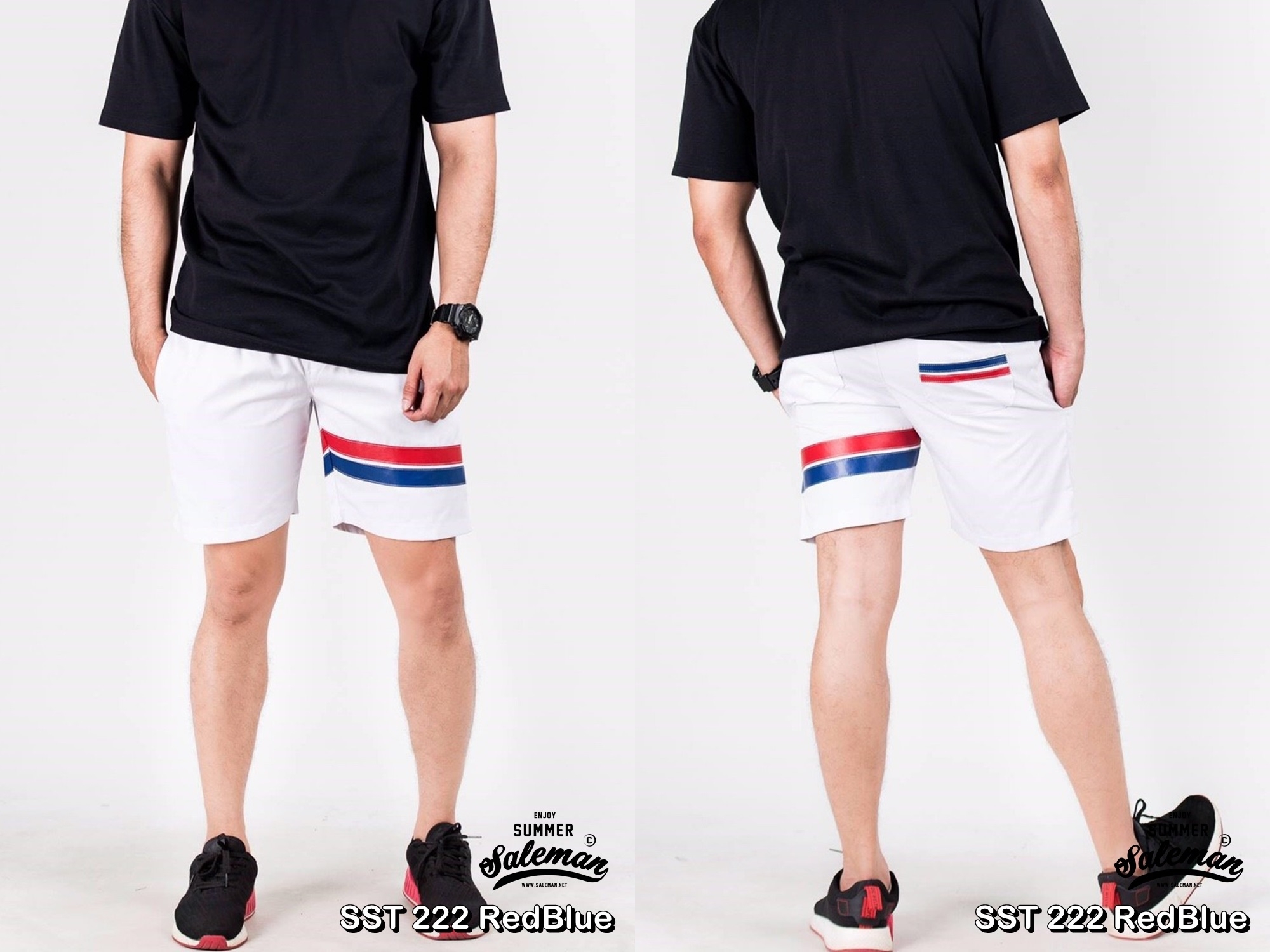 กางเกงขาสั้น พรีเมี่ยม ผ้า COTTON รหัส SST 222 RedBlue สีขาว แถบแดงน้ำเงิน