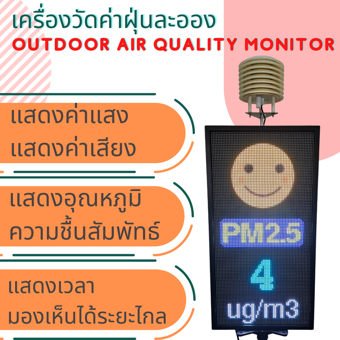 เครื่องวัดค่าฝุ่นละออง PM2.5 PM10 AIR QUALITY MONITOR ขนาด 64x32CM LED P5 Outdoor แสดง เวลา วันที่ อุณหภูมิ ความชื้น แสง เสียง ฝุ่น PM2.5 PM10 CO2