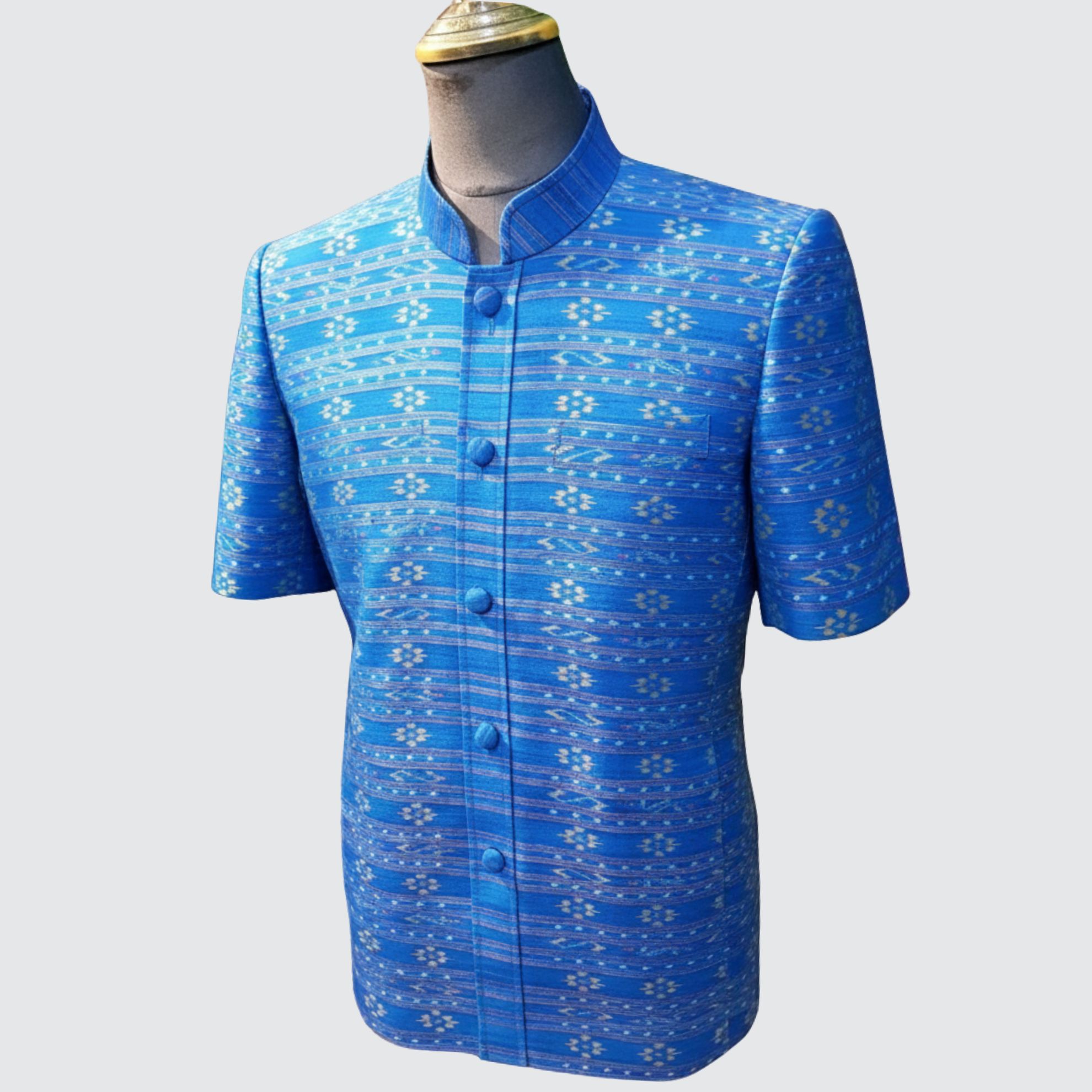 เสื้อสูทพระราชทาน แขนสั้น ไหมมัดหมี่ 3ตะกอ | ตัดเย็บตามรูปร่าง | เลือกสีผ้า ส่งไซส์ได้