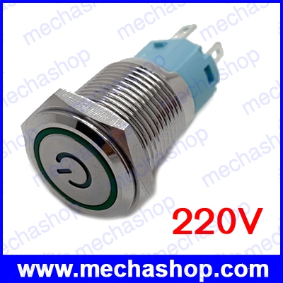 สวิทซ์กดติดปล่อยดับ มีไฟโลโก้สีเขียว 16mm 220V 3A red power/angel Circle LED Metal Push Button Switch Model 1667