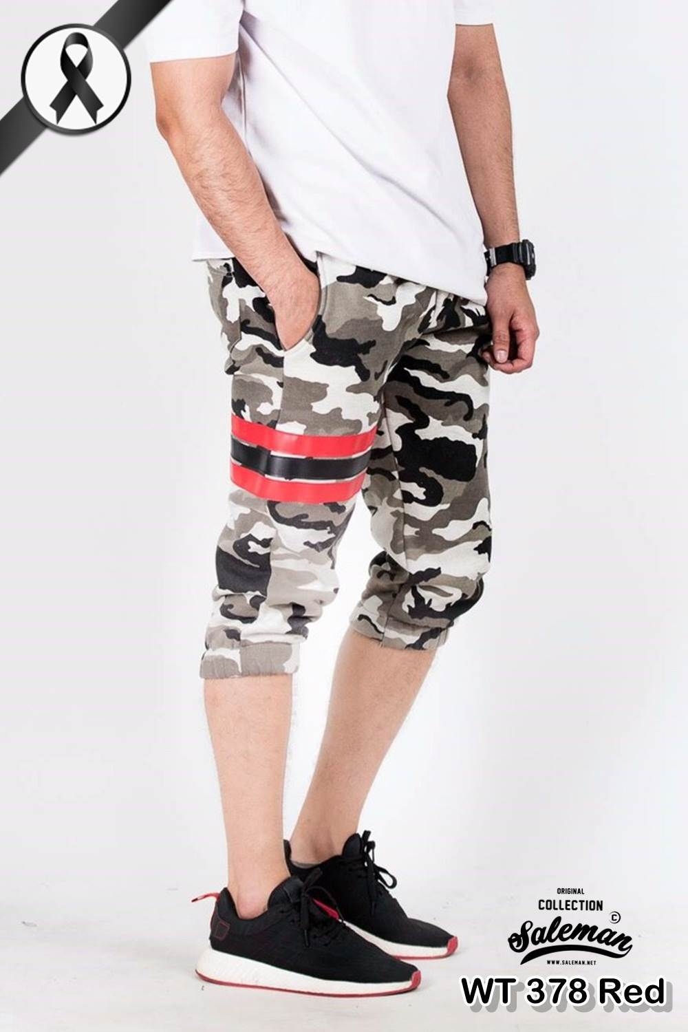 กางเกง Jogger ขาจั๊ม สามส่วน ผ้าวอร์ม WT378 ฺฺRed ลายทหาร แถบ แดง