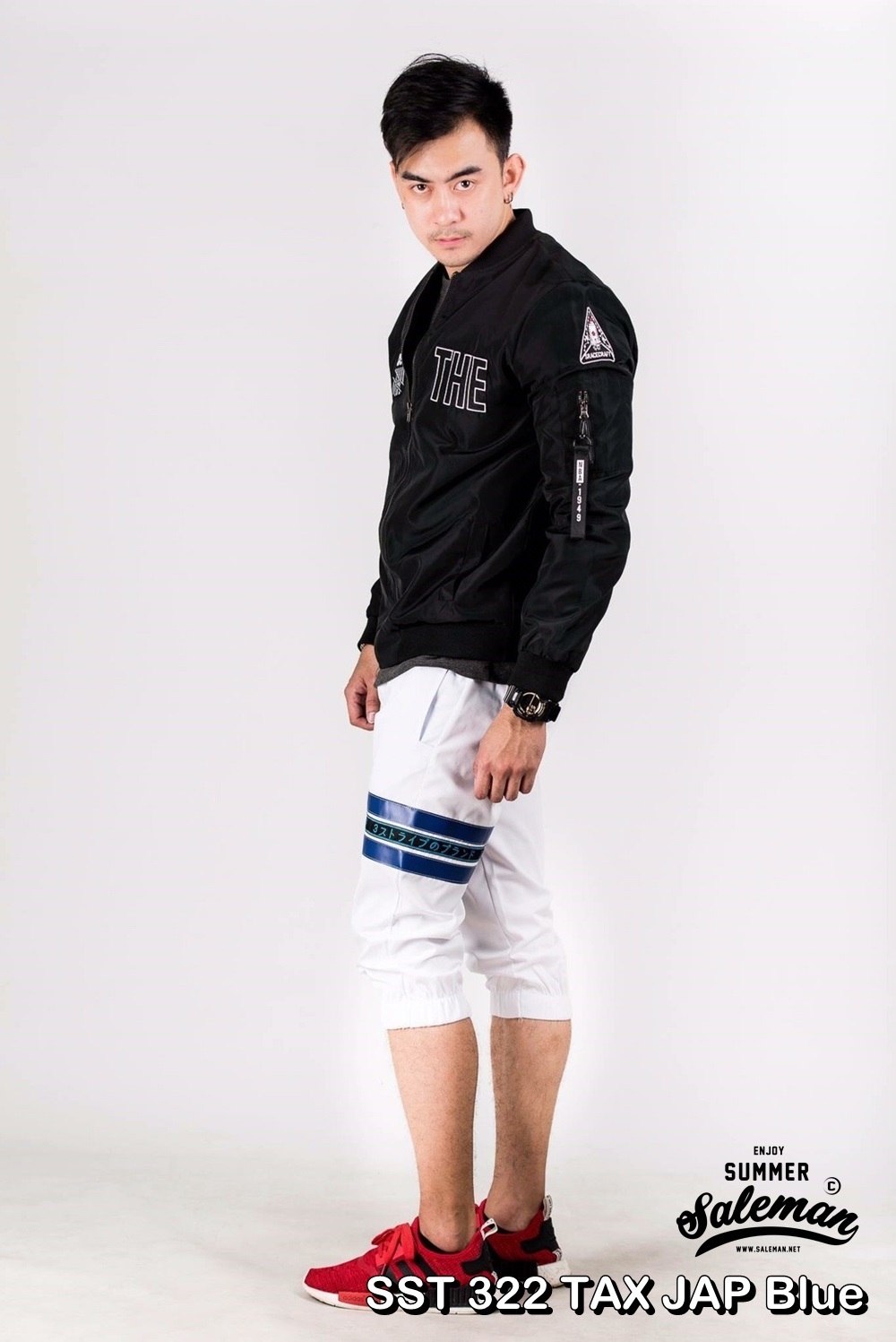กางเกงสามส่วน พรีเมี่ยม ผ้า COTTON รหัส SST 322 TAX JAP Blue สีขาว แถบน้ำเงิน