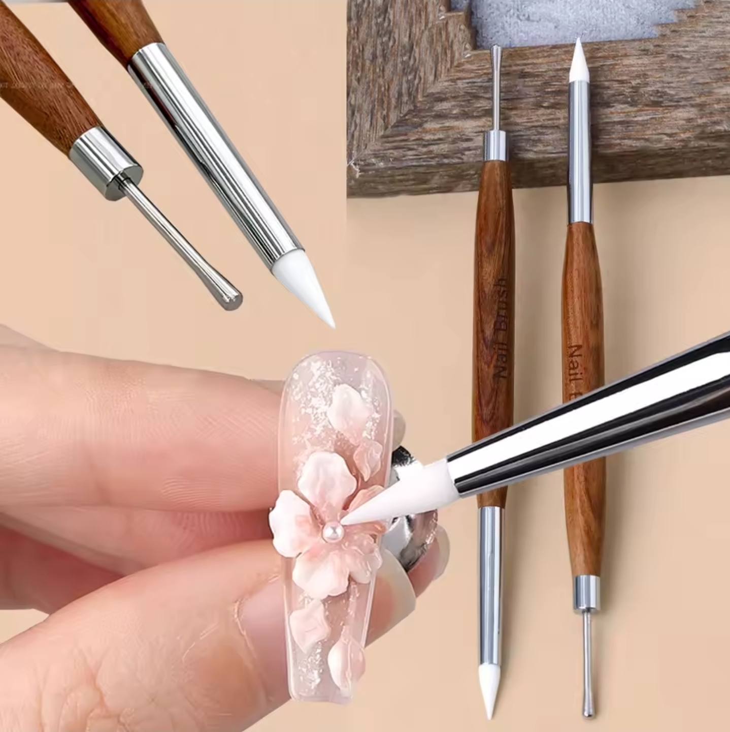 แปรงปั้นเจล3D หัวคู่ ซิลิโคน+เหล็ก พู่กันทำลายเล็บ3D 2หัว