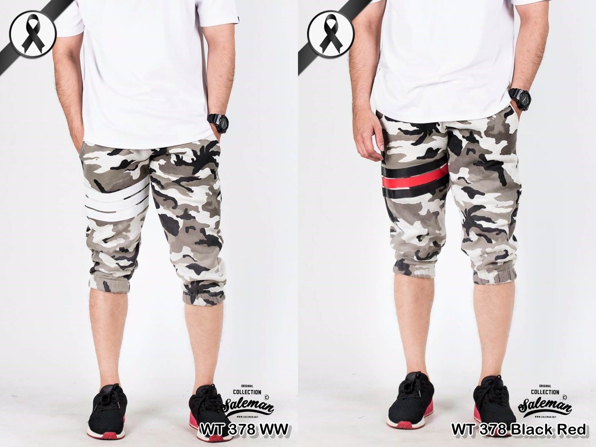 กางเกง Jogger ขาจั๊ม สามส่วน ผ้าวอร์ม WT378 ฺฺWW ลายทหาร แถบ ขาว