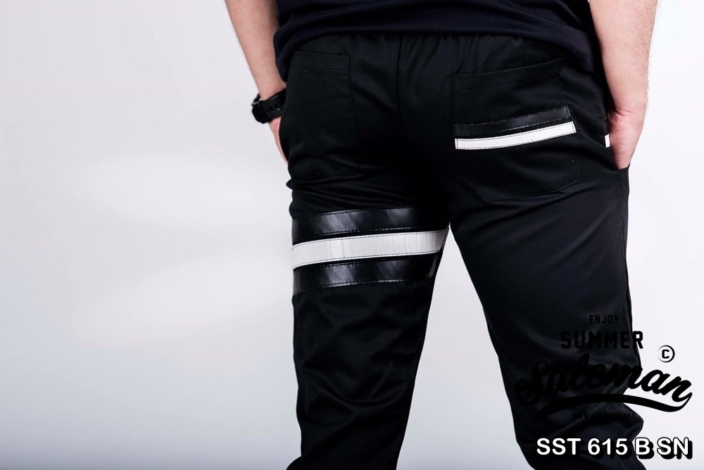 กางเกง JOGGER พรีเมี่ยม ผ้า COTTON รหัส SST 615 B SN สีดำ แถบดำงู SUMMER SALE