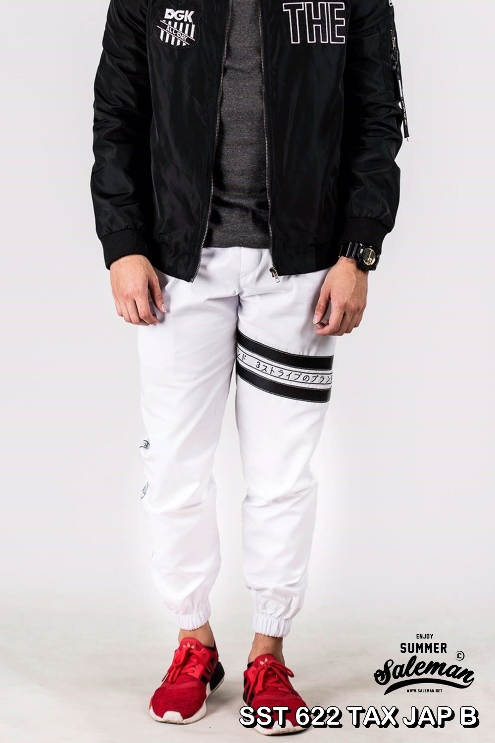 กางเกง JOGGER พรีเมี่ยม ผ้า COTTON รหัส SST 622 TAX JAP B สีขาว แถบดำ