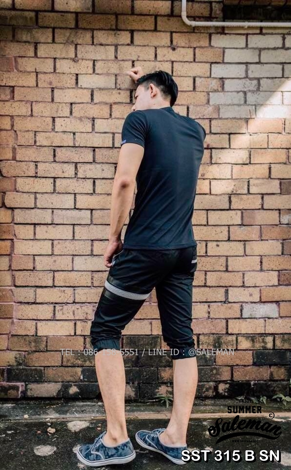 กางเกงสามส่วน พรีเมี่ยม ผ้า COTTON รหัส SST 315 B SN สีดำ แถบดำงู