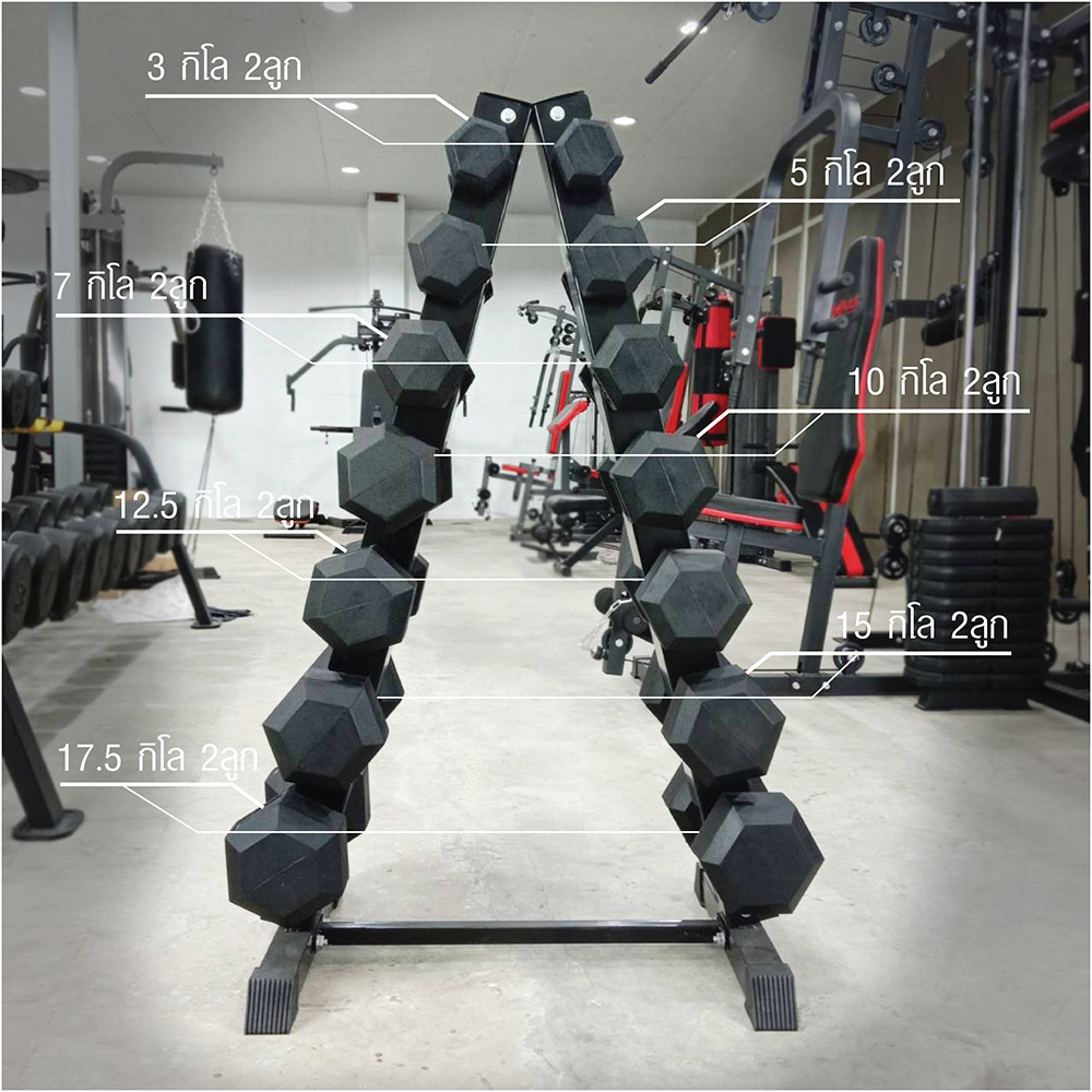 ชุดดัมเบลหกเหลี่ยมหุ้มยาง ชุด 140Kg. พร้อมชั้นวางดัมเบลเหล็ก 7คู่ ทรงA