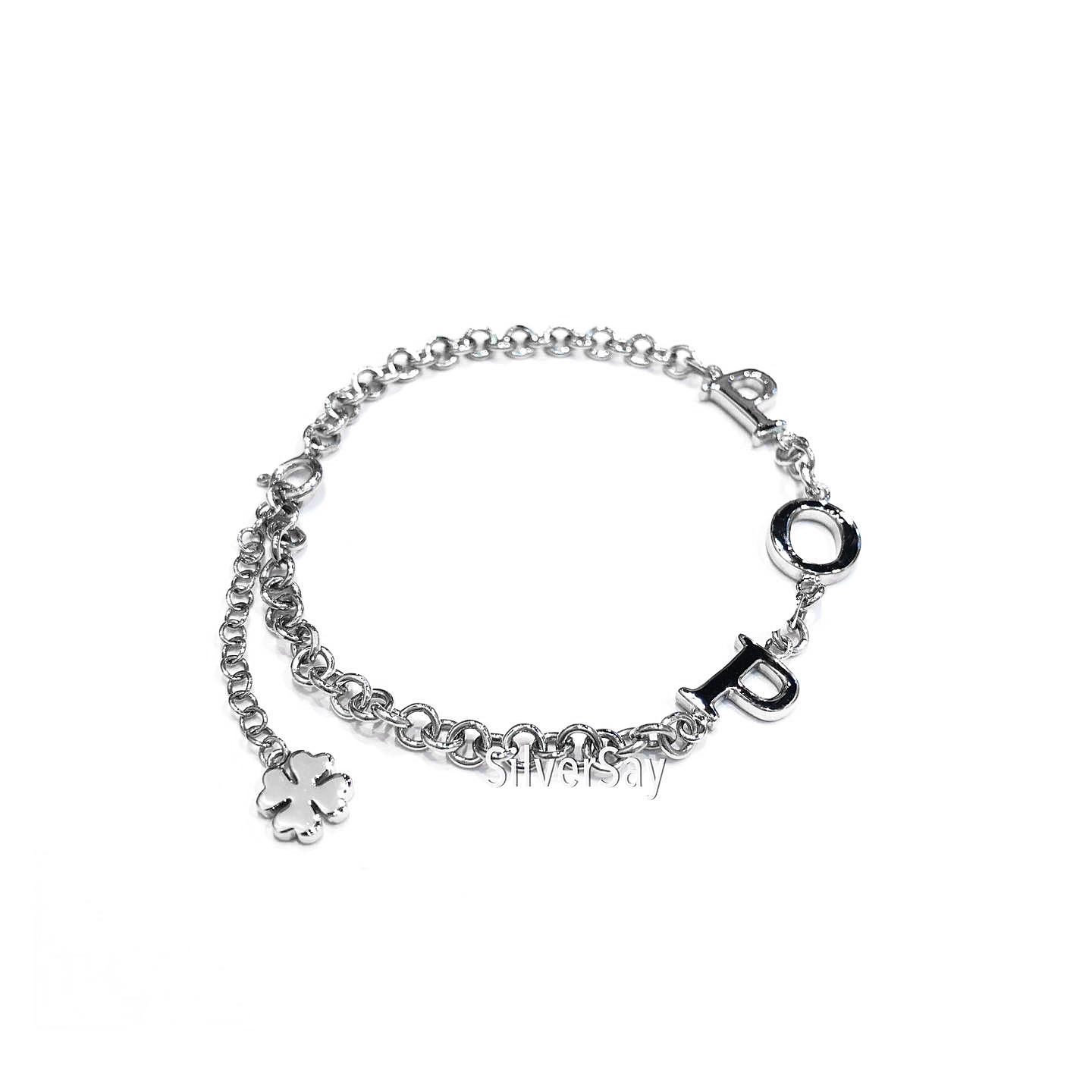 สร้อยข้อมือตัวอักษร สร้อยข้อมือชื่อ POP & Clover 4 Charms เงินแท้ 925 ชุบทองคำขาว