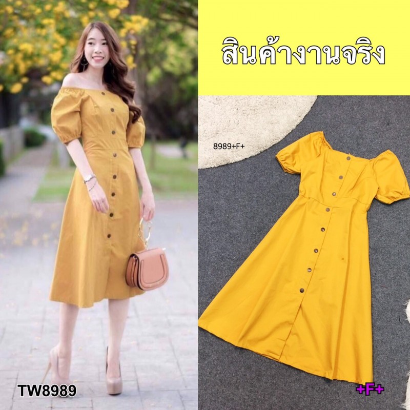 เดรสคอกว้างแต้งกระดุมหน้า TW8989