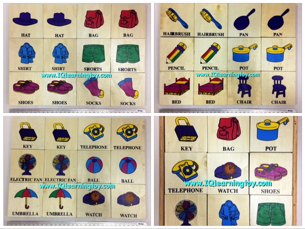 ของเล่นไม้ชุดจับคู่ภาพของใช้รอบตัวที่เหมือนกัน 1 กล่องมี 18 คู่ (36 แผ่น)พร้อมสอนคำศัพท์ภาษาอังกฤษเรียกของใช้ง่ายๆ ส่งฟรี