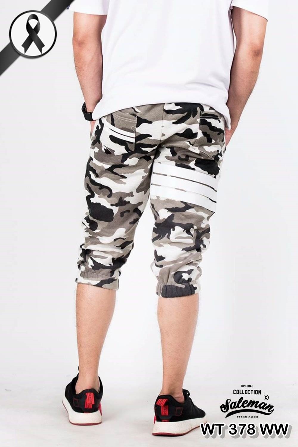 กางเกง Jogger ขาจั๊ม สามส่วน ผ้าวอร์ม WT378 ฺฺWW ลายทหาร แถบ ขาว