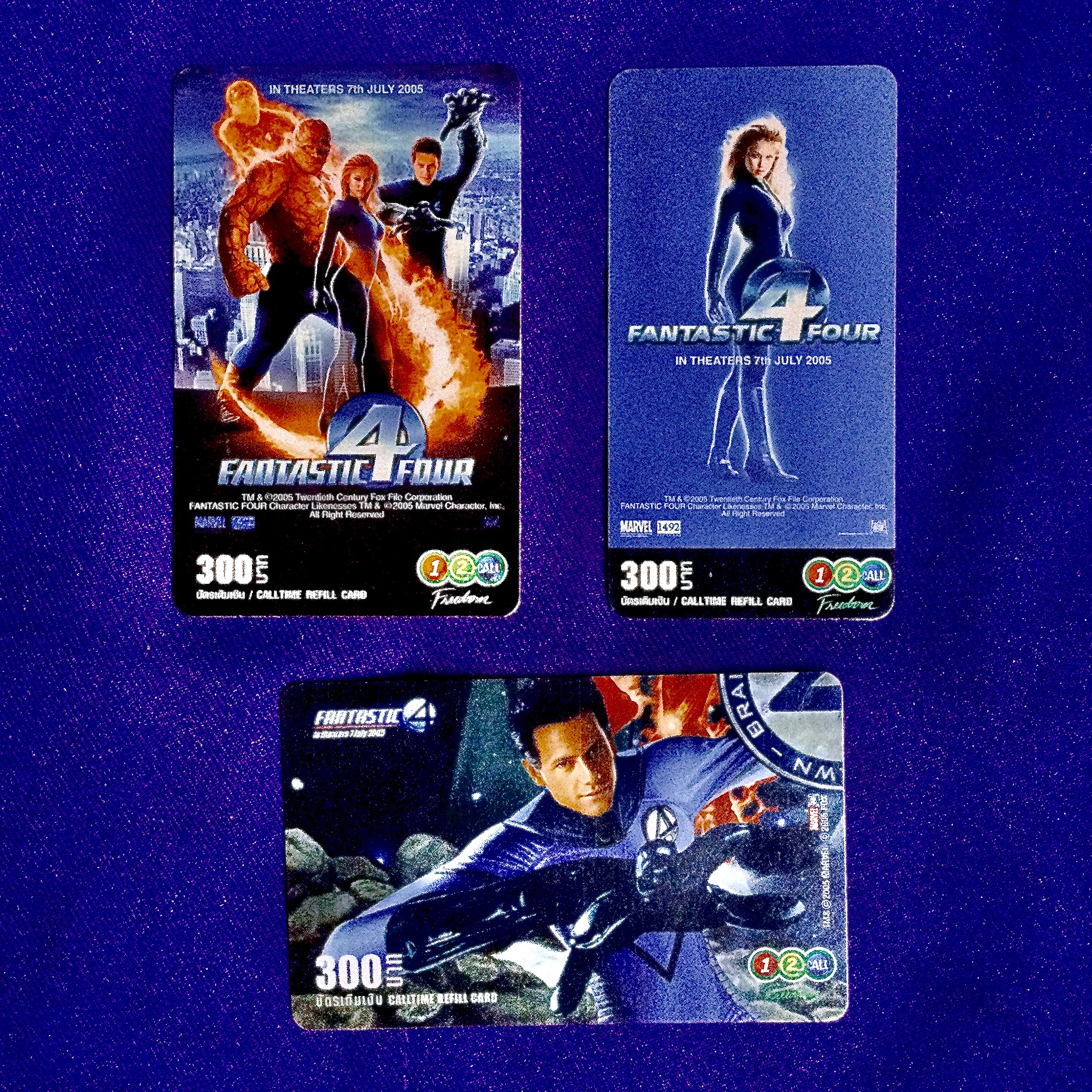 การ์ดสะสมภาพ บัตรเติมเงินสมัยก่อน One-2-Call (เป็นบัตรสะสม ไม่มีเงินในบัตร) ชุด Fantastic 4 Four มี 3 ใบ เป็นบัตรพลาสติกขนาดเท่าบัตรเอทีเอ็ม