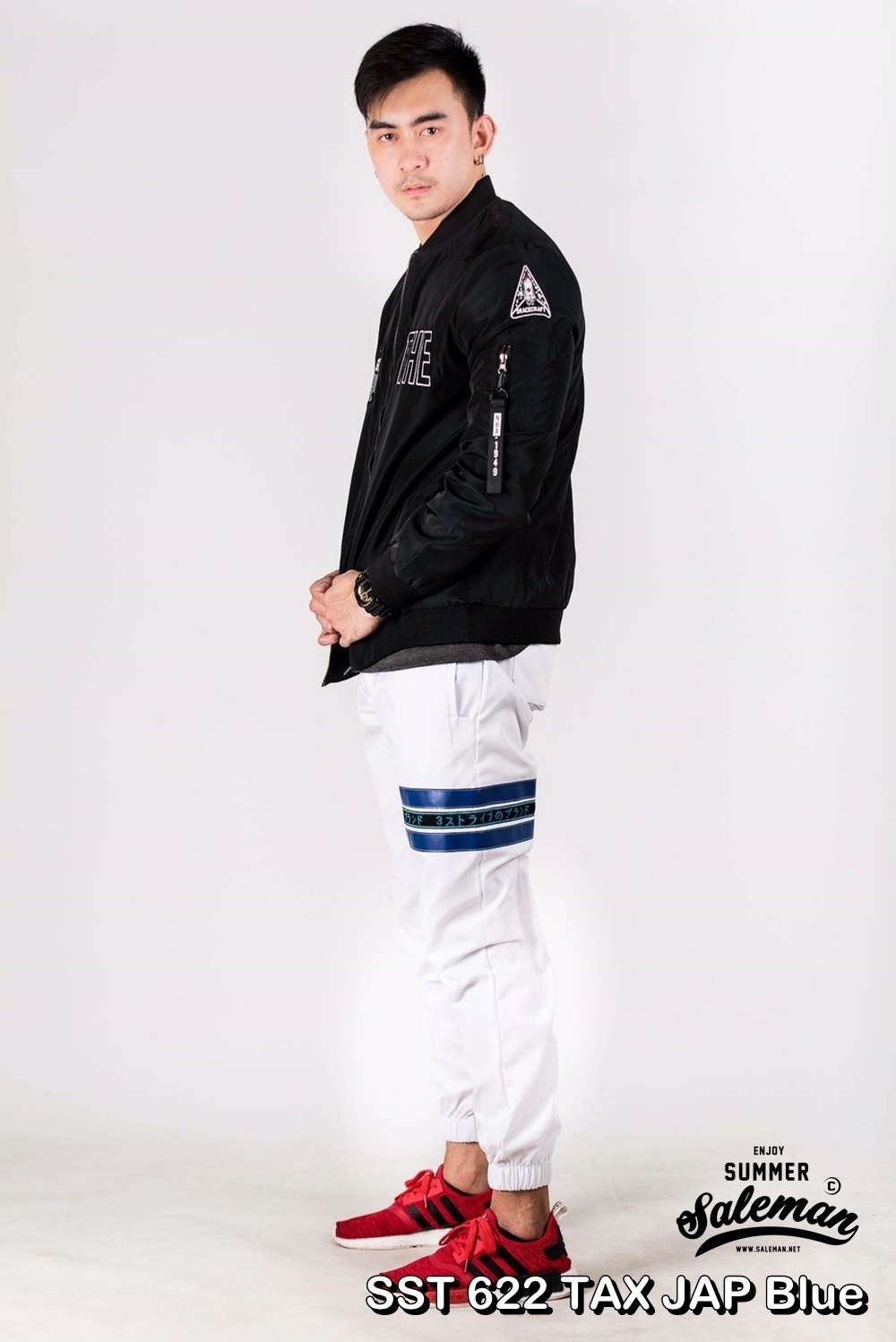 กางเกง JOGGER พรีเมี่ยม ผ้า COTTON รหัส SST 622 TAX JAP Blue สีขาว แถบน้ำเงิน