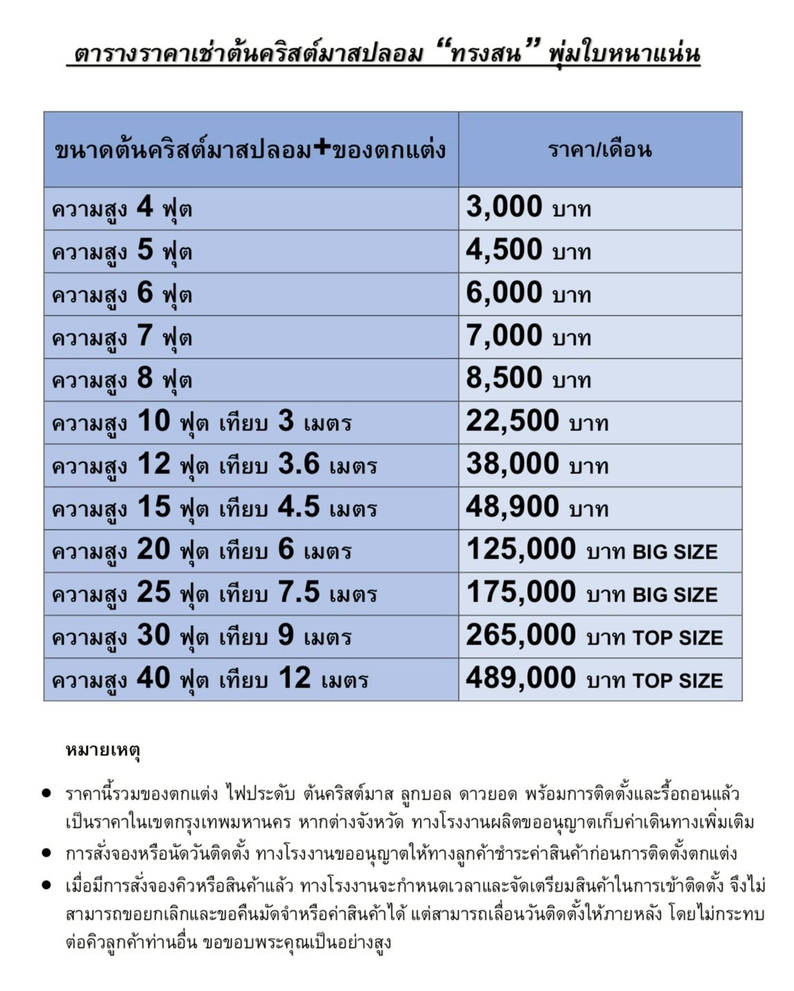 ให้เช่าต้นคริสต์มาสทรงสนทุกขนาดมีหลากหลายรูปแบบ