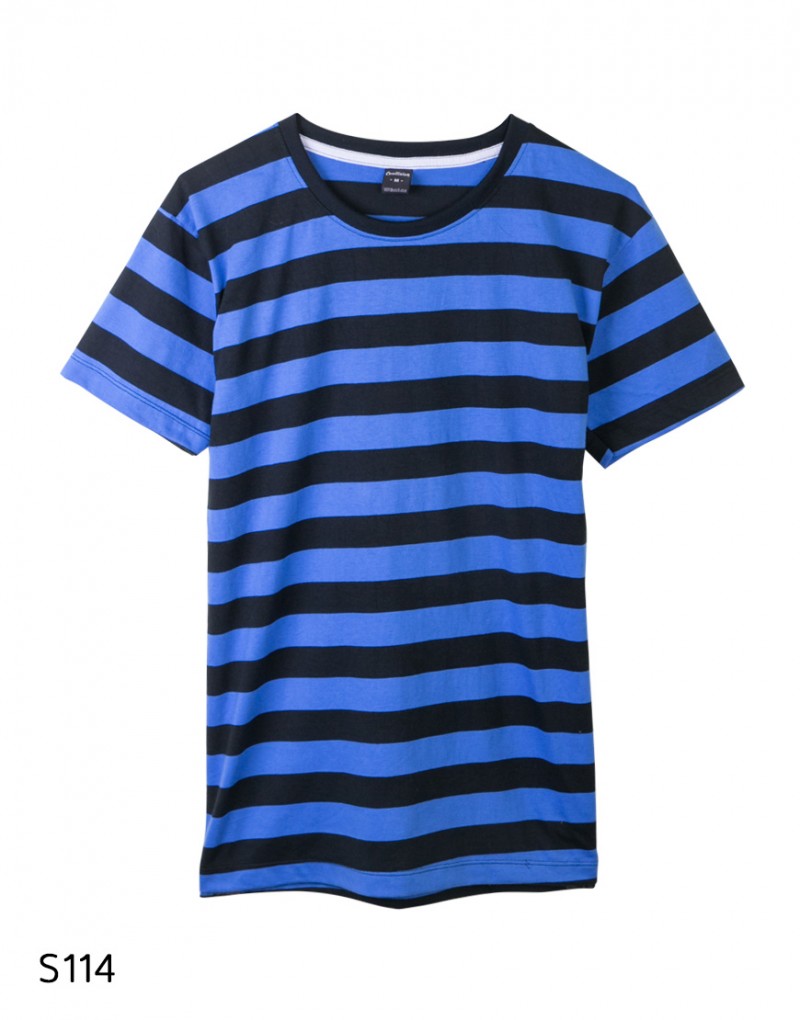 เสื้อยืดคอกลมลายทาง S114 (สีดำสลับน้ำเงิน)