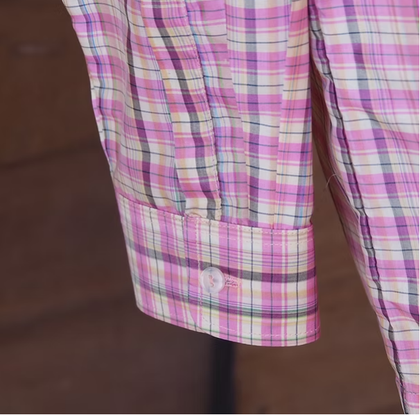 เสื้อเชิ้ตแขนยาว ผ้าไหมลายสก๊อต สีชมพูสลับขาว รหัส DN-CT-SKU100859