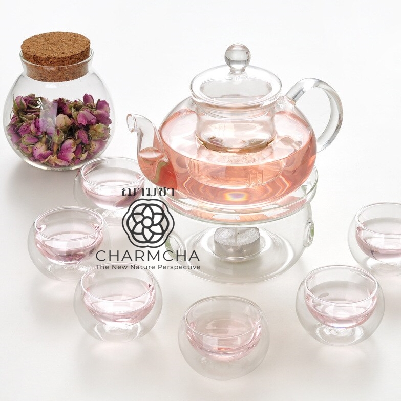 ชุดกาน้ำชา400ml 1ชุด มีตัวเลือกแก้ว 2-6 ใบ+ที่กรองชา+เตาอุ่น+เทียน ครบชุด ทำจากแก้ววางบนเตาความร้อนได้ charmcha ฌามชา ชุดของขวัญ