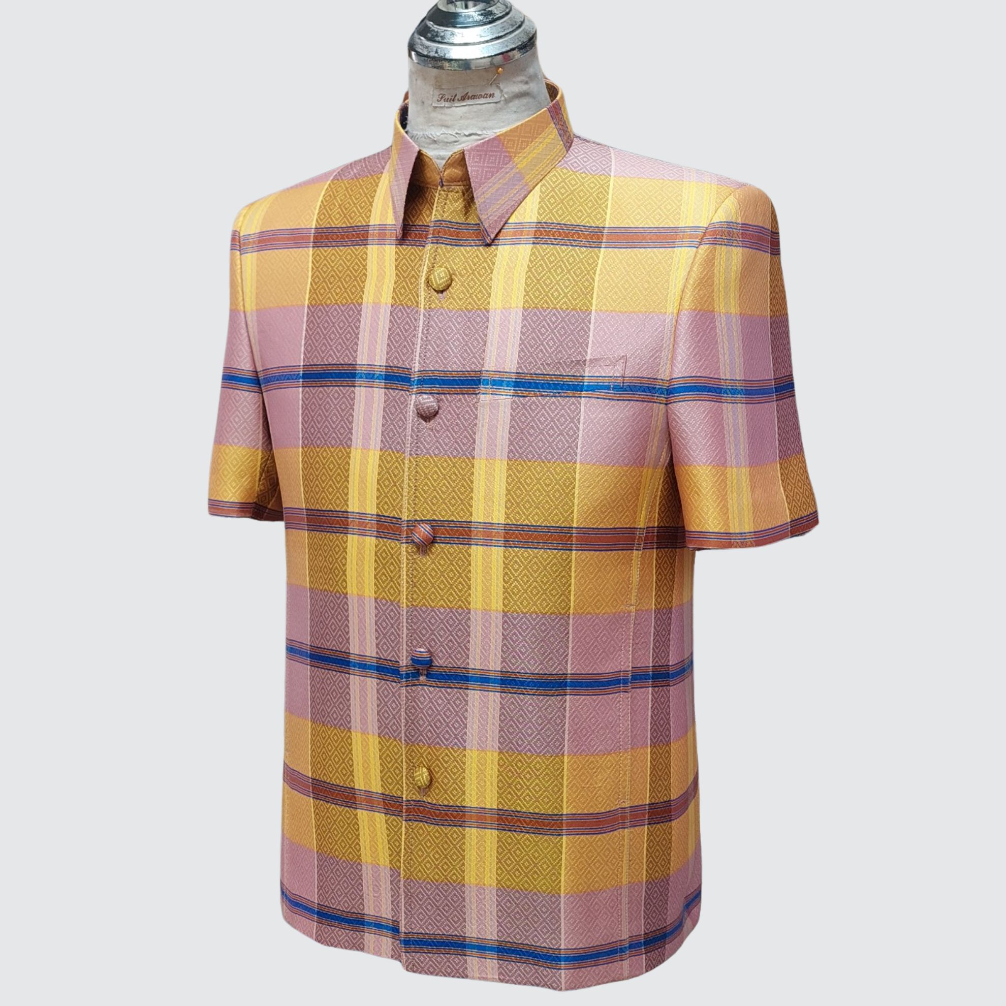 เสื้อสูทซาฟารี แขนสั้น ไหมลายโสร่ง| ตัดเย็บตามรูปร่าง | เลือกสีผ้า ส่งไซส์ได้