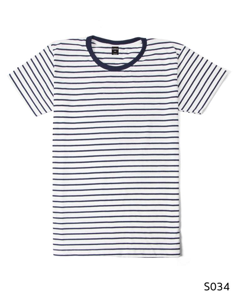 เสื้อยืดคอกลมลายทาง S034 (สีขาวริ้วกรม)