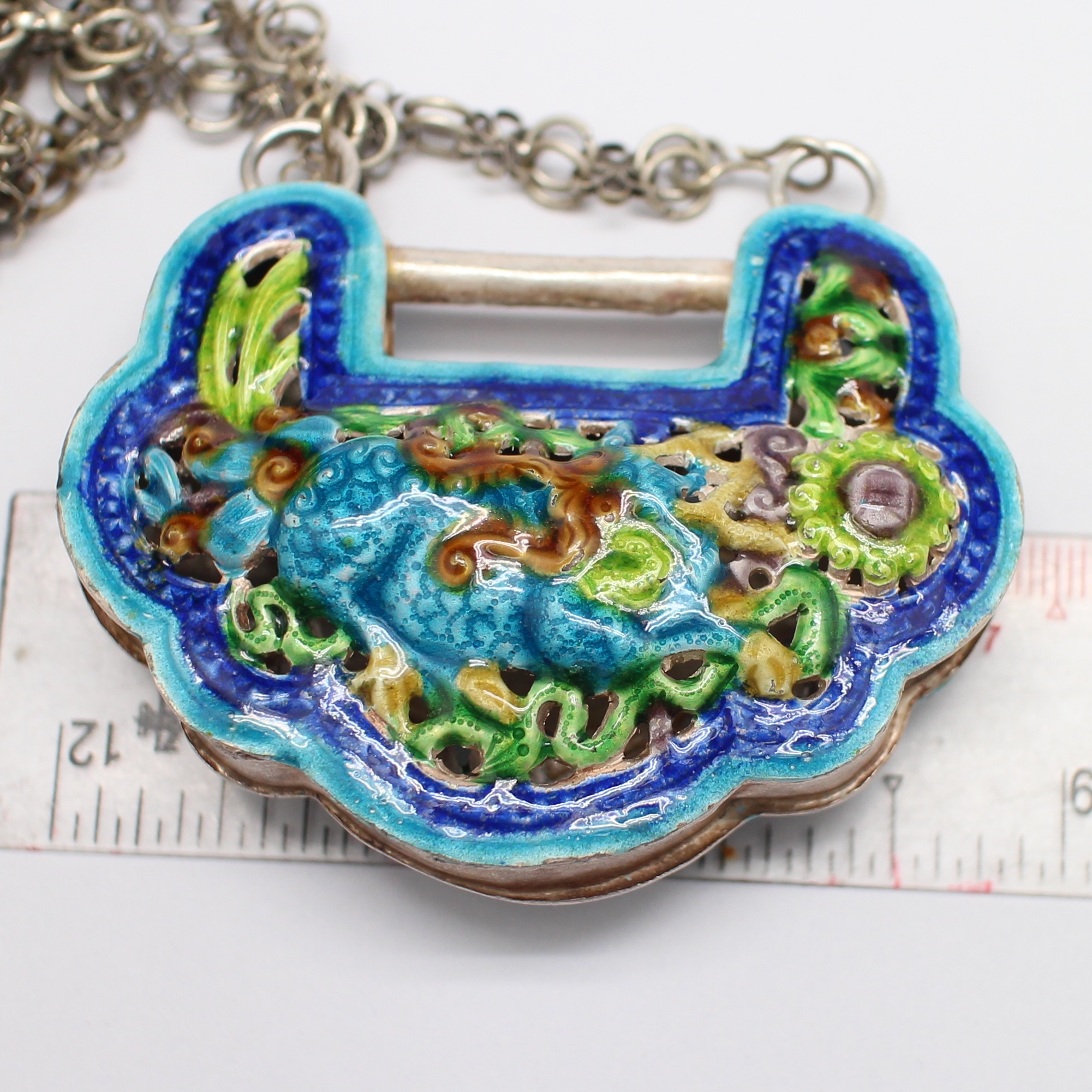 SI329 สร้อยคอ+จี้ กระเป๋าลงยางานเซียงไฮ้ เงินแท้ นน. 73.84 กรัม