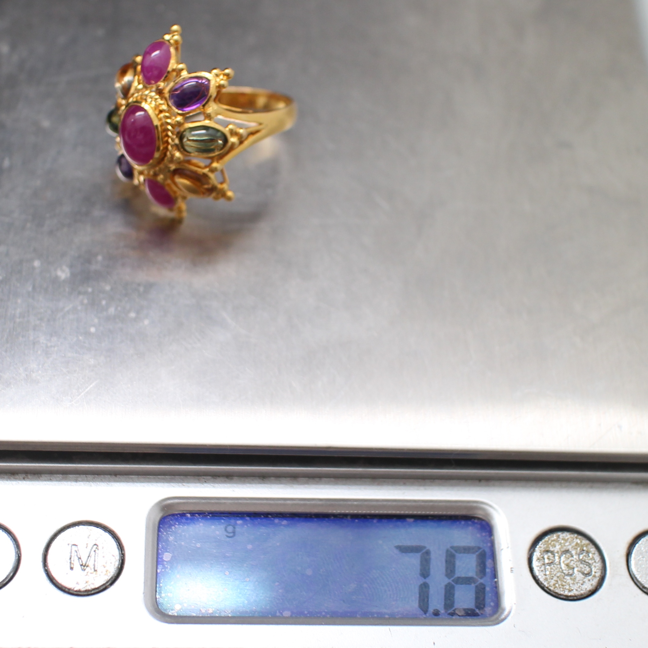 RG250110 แหวนพลอยหลากสียอดทับทิม ทองแท้ 90% นน.รวม 7.8 กรัม ขนาดแหวน 55