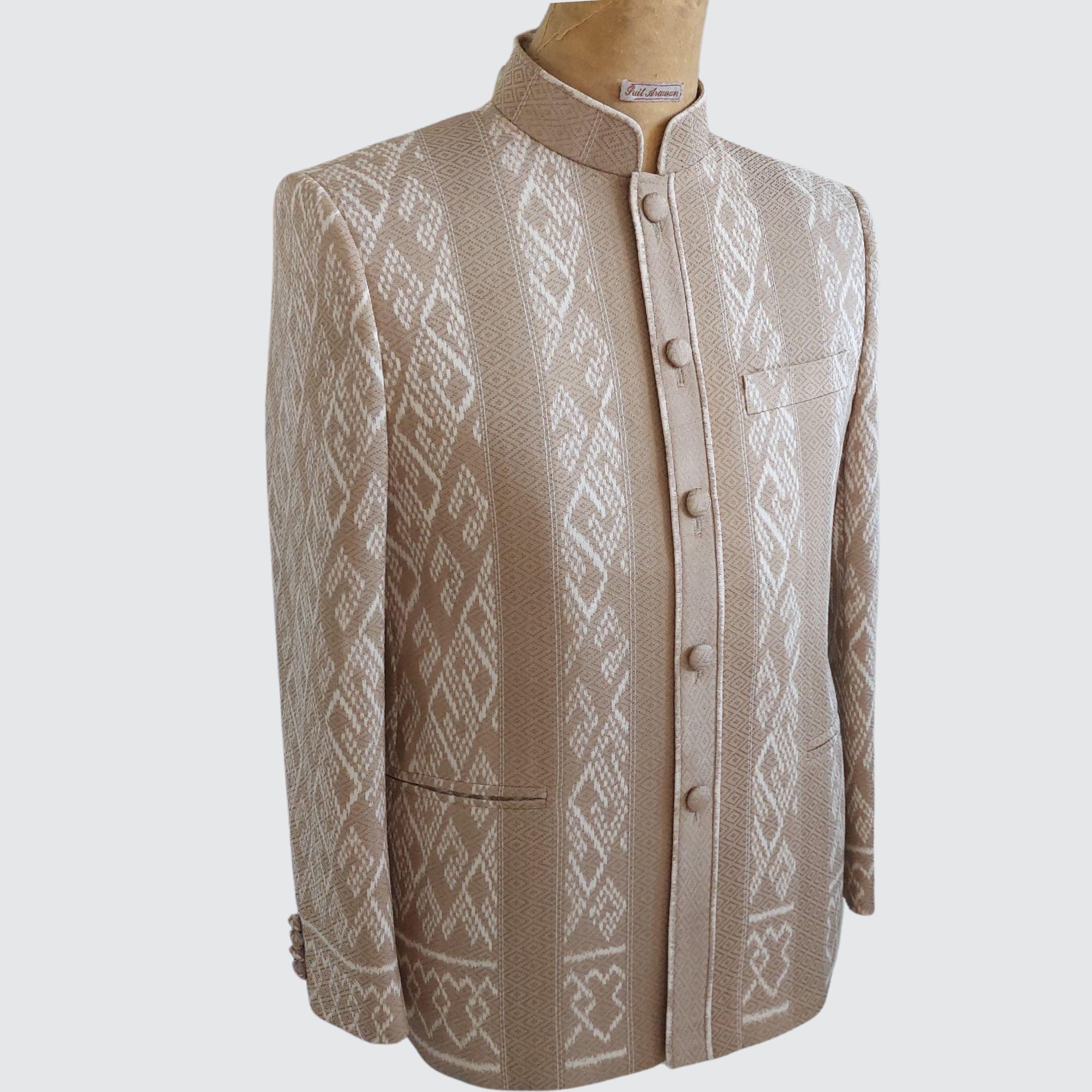 เสื้อสูทพระราชทาน แขนยาว ผ้าไหมมัดหมี่ยกดอก มีปูมวางลายตามแบบ | ตัดเย็บตามรูปร่าง | เลือกผ้า ส่งไซส์ได้