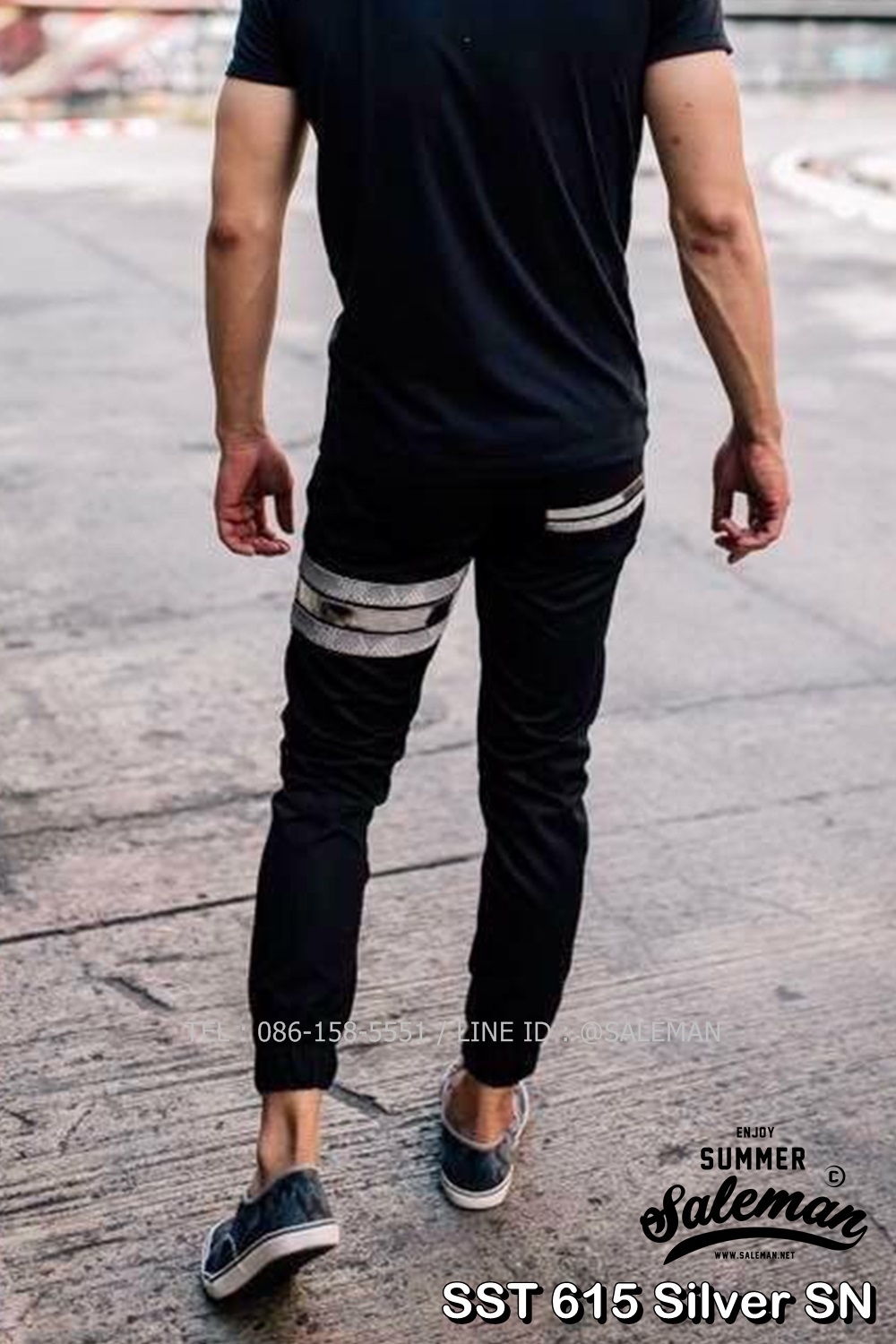 กางเกง JOGGER พรีเมี่ยม ผ้า COTTON รหัส SST 615 Silver SN สีดำ แถบงูเงิน