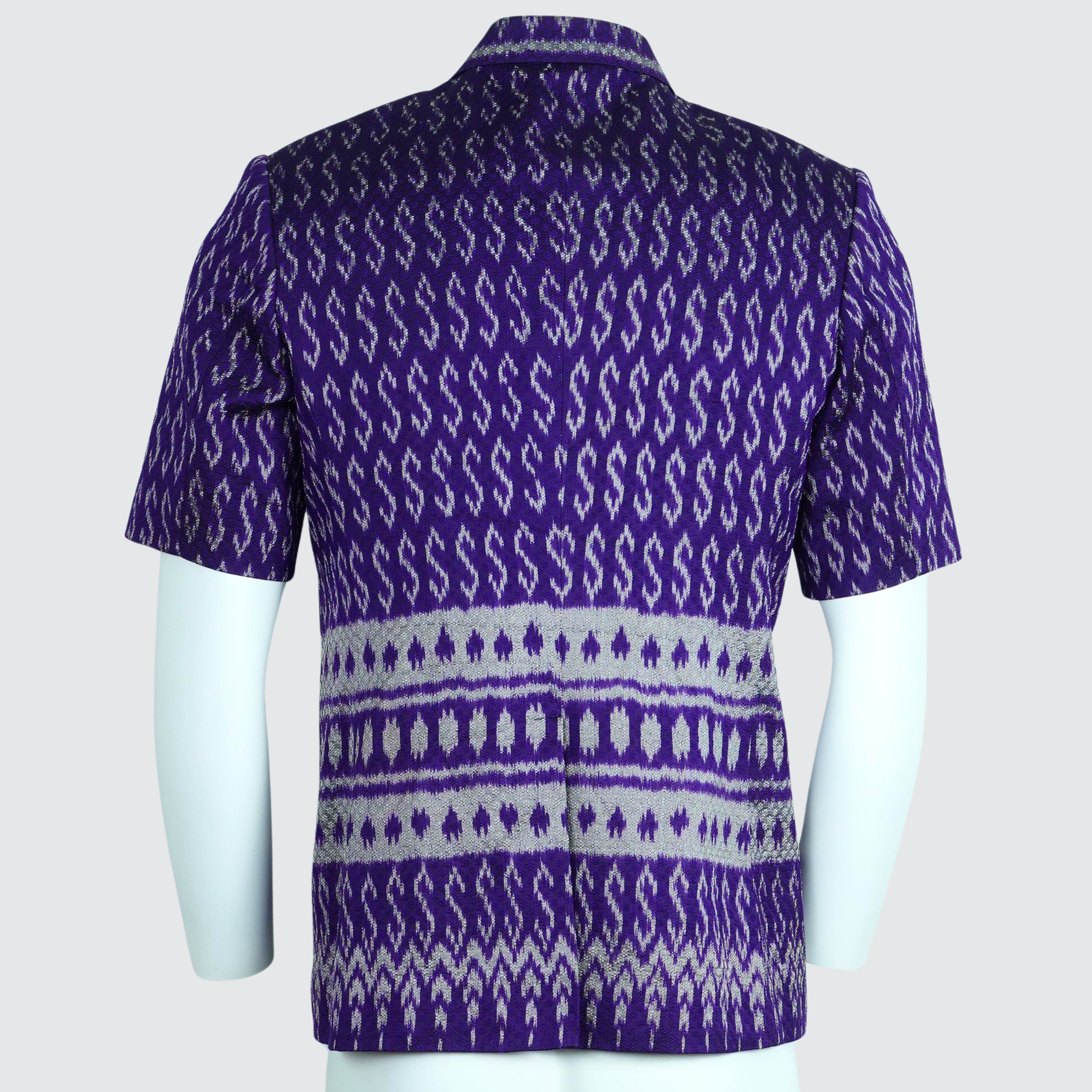 เสื้อสูทซาฟารี แขนสั้น ไหมมัดหมี่6ตะกอ สีเคมี | ตัดเย็บตามรูปร่าง | เลือกสีผ้า ส่งไซส์ได้