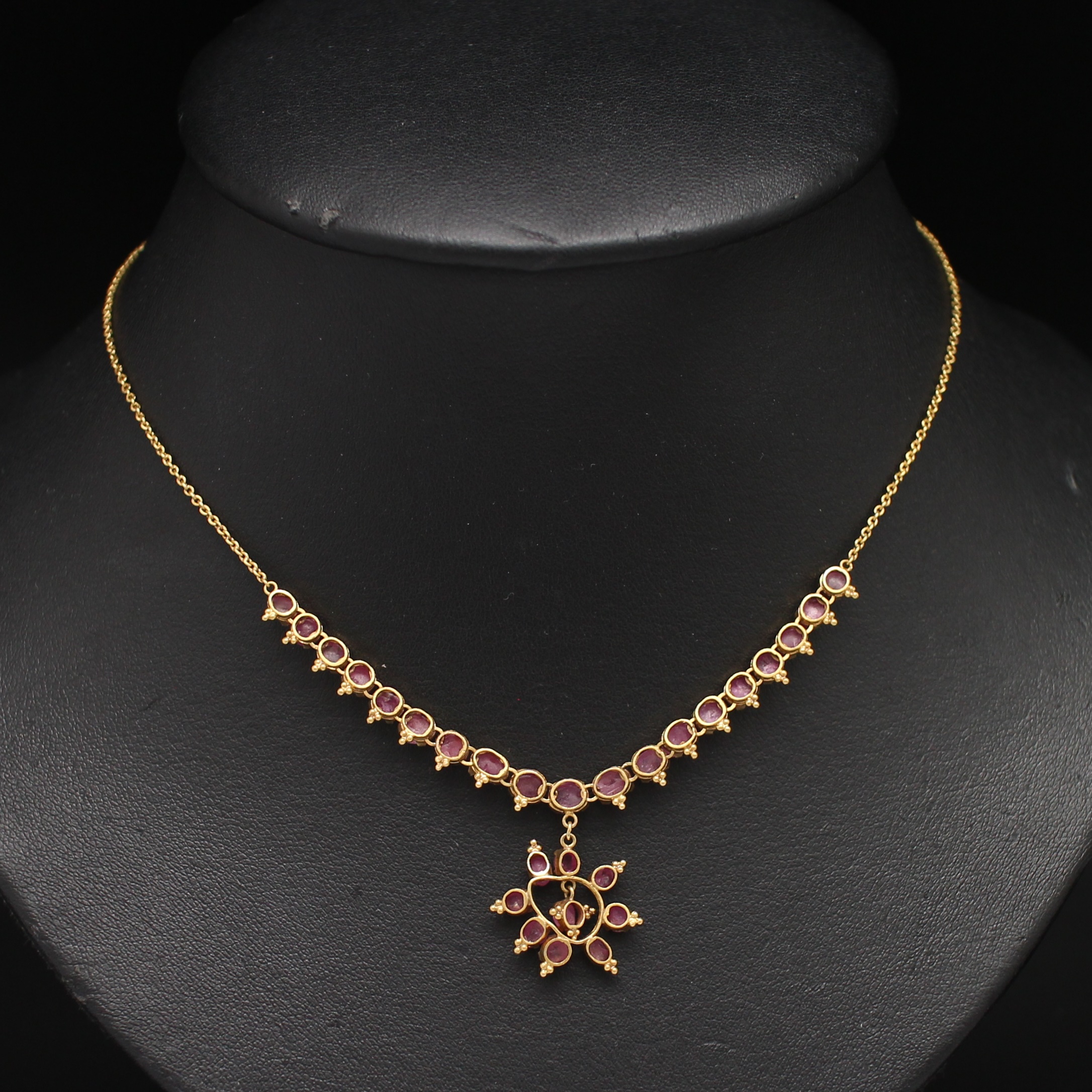 NL25004 สร้อยคอทับทิมดอกไม้ตุ้งติ้ง ทองแท้ 90% นน.รวม 7.8 กรัม ยาว 15-16 นิ้ว งานเก่าหลุดจำนำ