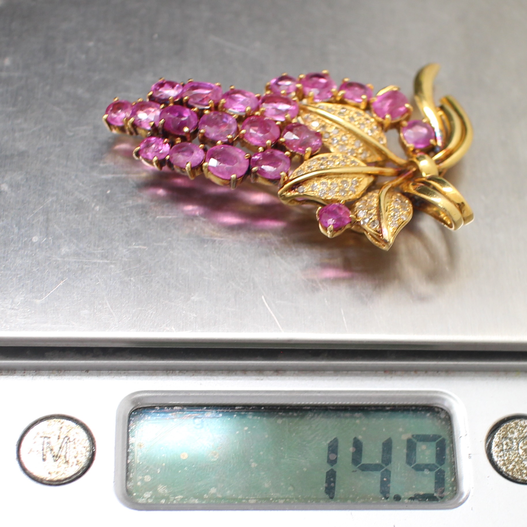 CL25032 เข็มกลัดพ่วงองุ่นทับทิมพม่าดิบ ทองแท้ 90% นน.รวม 14.9 กรัม สวยมาก