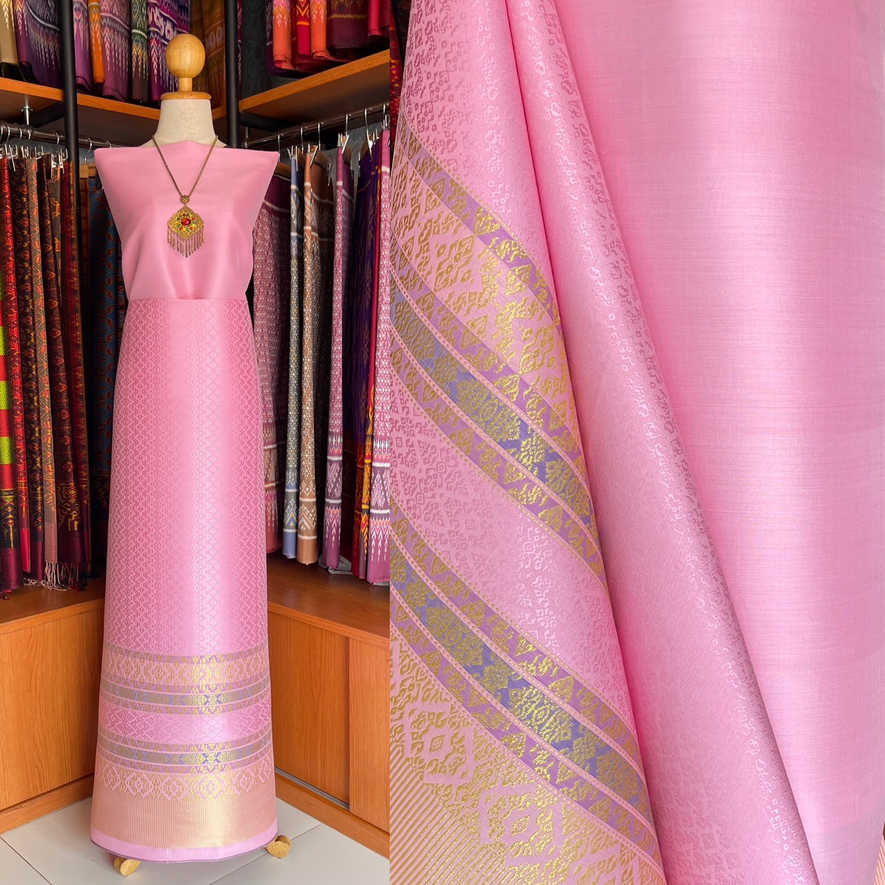 (ผ้าชุด) ผ้ายกใหญ่สุรินทร์ (สีพื้น 2เมตร+ลาย 2.4เมตร) พื้นสีชมพู รหัส N90-MD-0818685