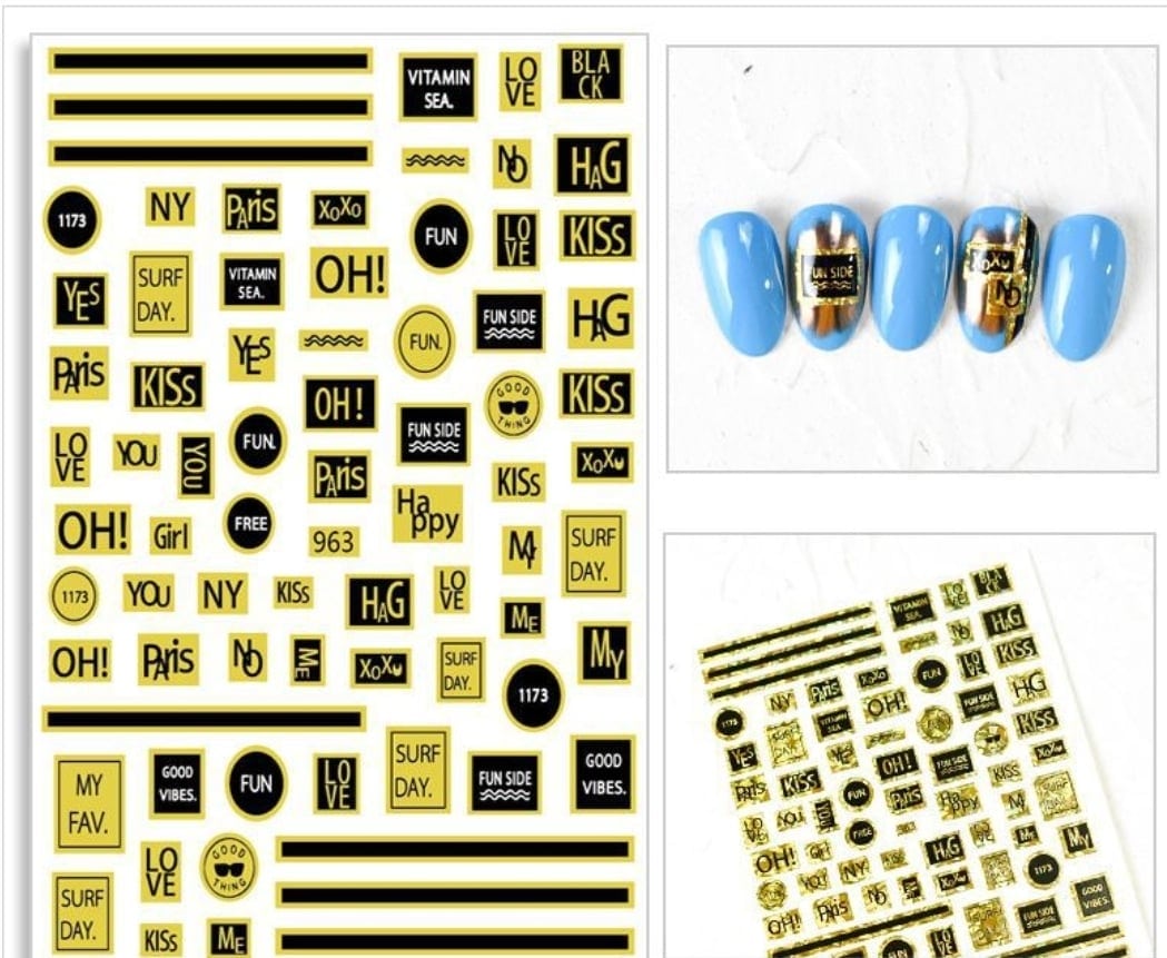 สติ๊กเกอร์ติดเล็บ สติ๊กเกอร์ตัวหนังสือ สีทองรุ้งแว็บๆ