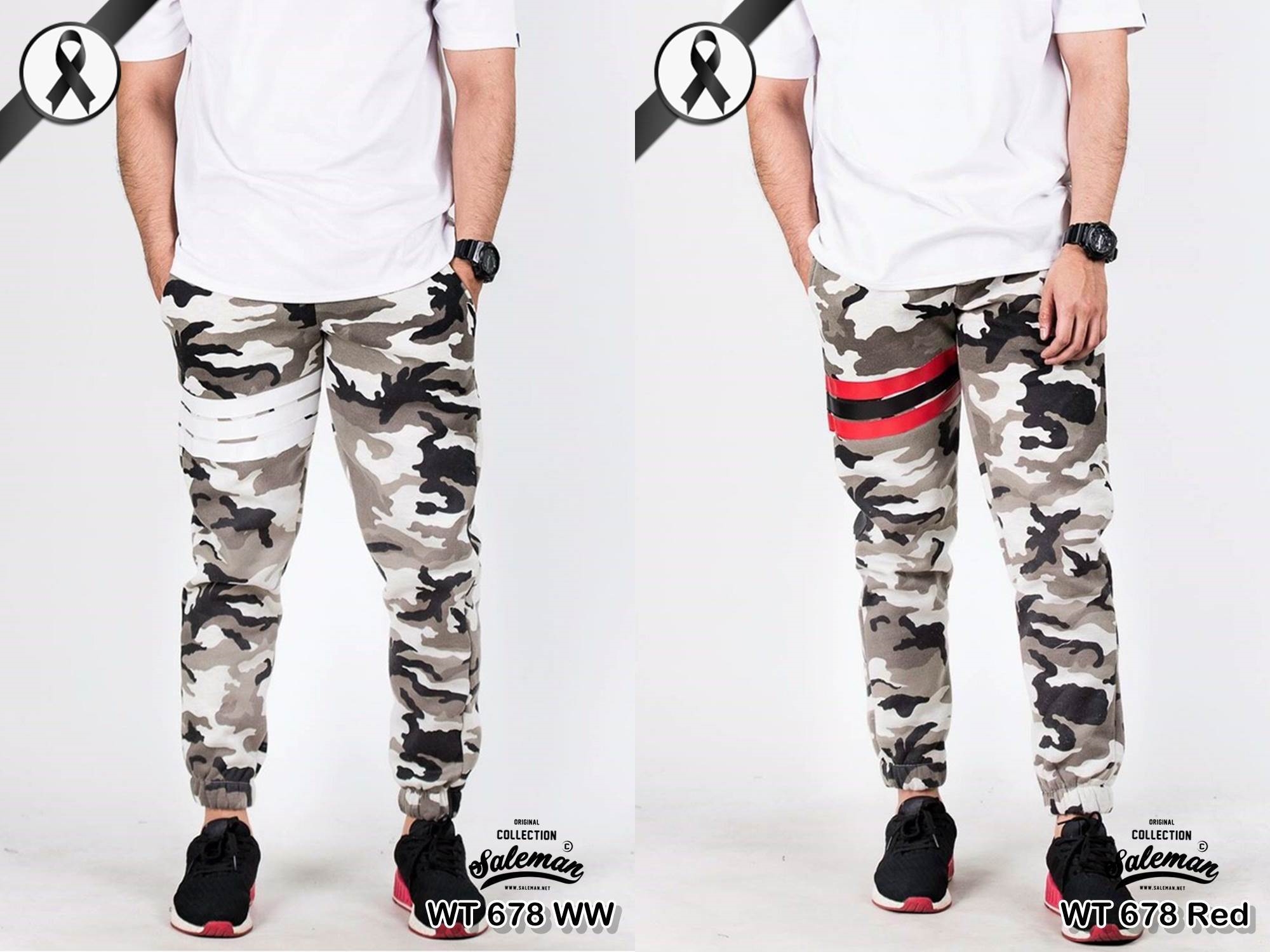 กางเกง jogger ขาจั๊ม ผ้าวอร์ม WT 678 WW ลายทหาร แถบขาว SUMMER SALE