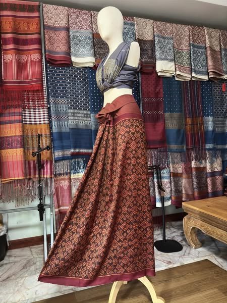 ซิ่น พระตะบอง ผ้าจามทอสามตะกอ ขนาด 120x185ซม พื้นสีแดง รหัส N9-SIL-AJ21