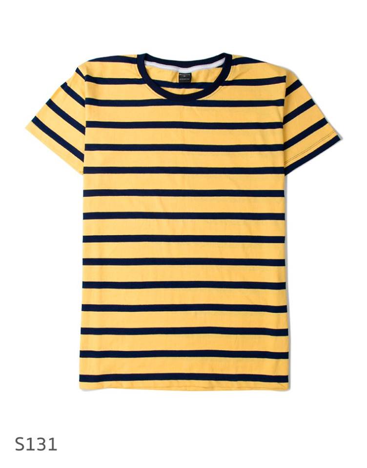 เสื้อยืดคอกลมลายทาง S131 (สีเหลืองใหญ่สลับสีกรม 1)