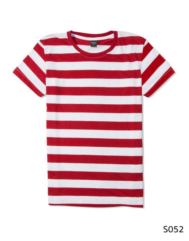 เสื้อยืดคอกลมลายทาง S052 (สีขาวแดงริ้วใหญ่)