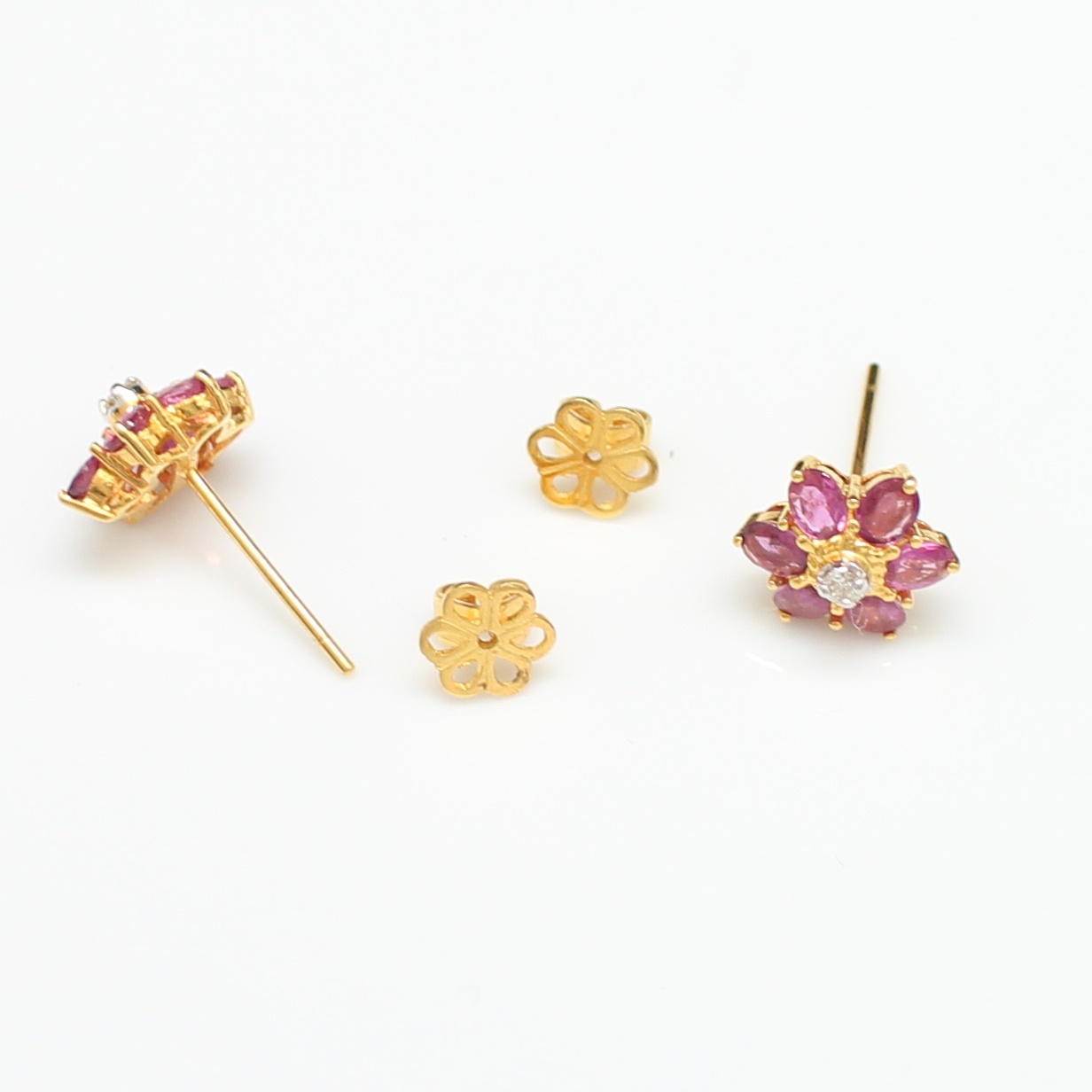 ER25145 ต่างหูทับทิมดอกไม้ ยอดเพชรแท้ ทองแท้ 90% นน.รวม 3.9 กรัม