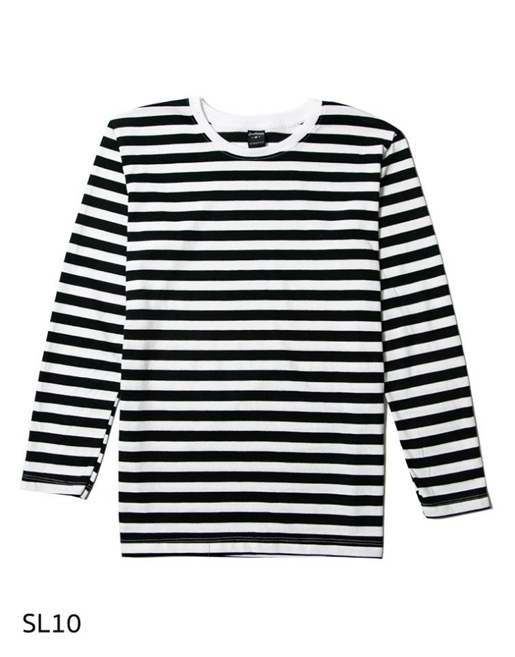 SL10 เสื้อยืดแขนยาวลายทาง สีขาวดำ ริ้ว 1CM.