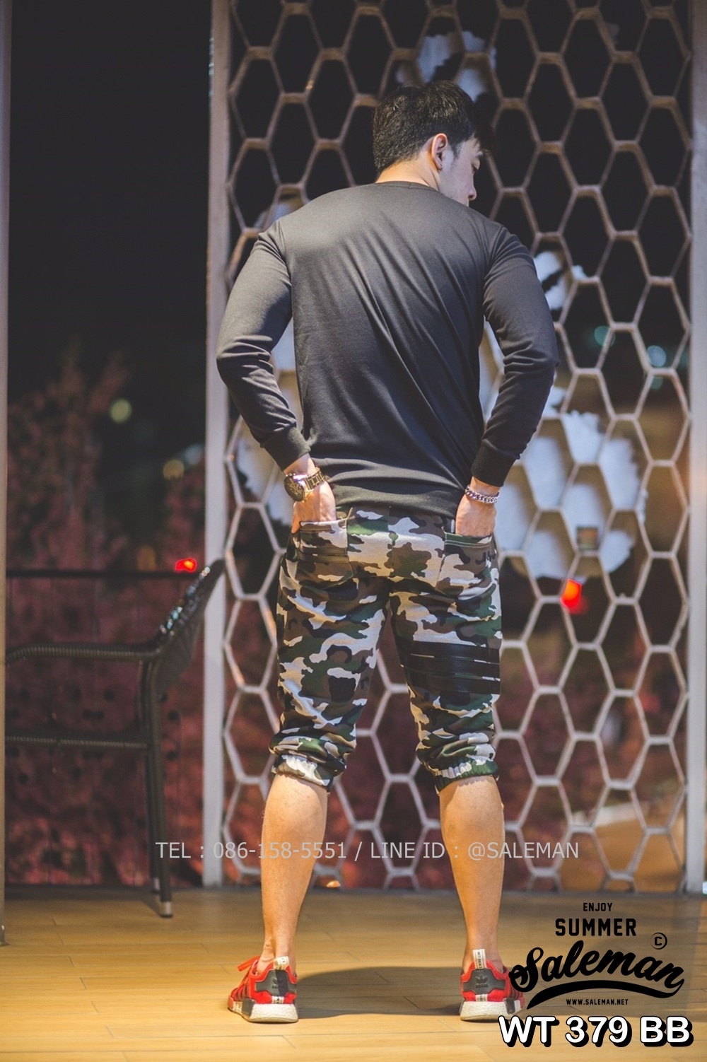 กางเกง Jogger ขาจั๊มสามส่วน พรีเมี่ยม ผ้า วอร์ม รหัส WT 379 BB สีทหาร แถบ ดำ