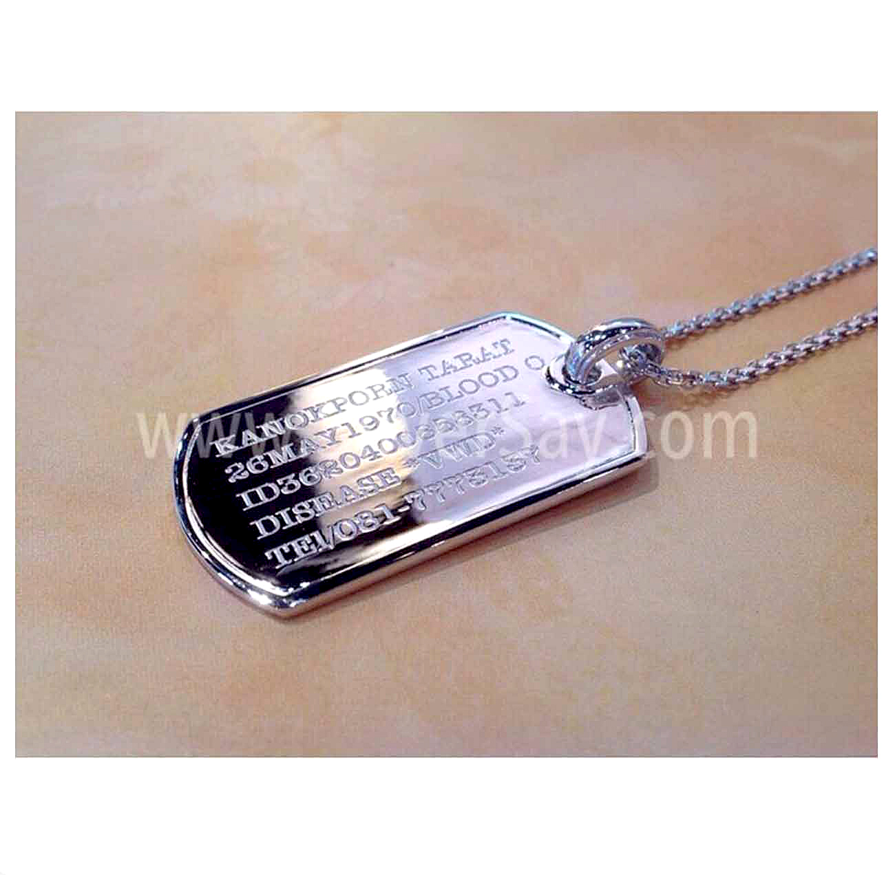 แผ่นป้ายชื่อ Dog Tag สลักชื่อและข้อมูลส่วนตัว เงินแท้ 925 ชุบทองคำขาว
