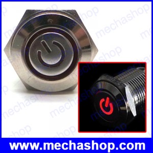 สวิทซ์กดติดปล่อยดับ มีไฟโลโก้สีแดง สวิทช์ 16มม Power logo lamp RED stainless Steel Round Momentary Push Button Switch LED Voltage 12Vdc 3A/250VAC Model 1640F