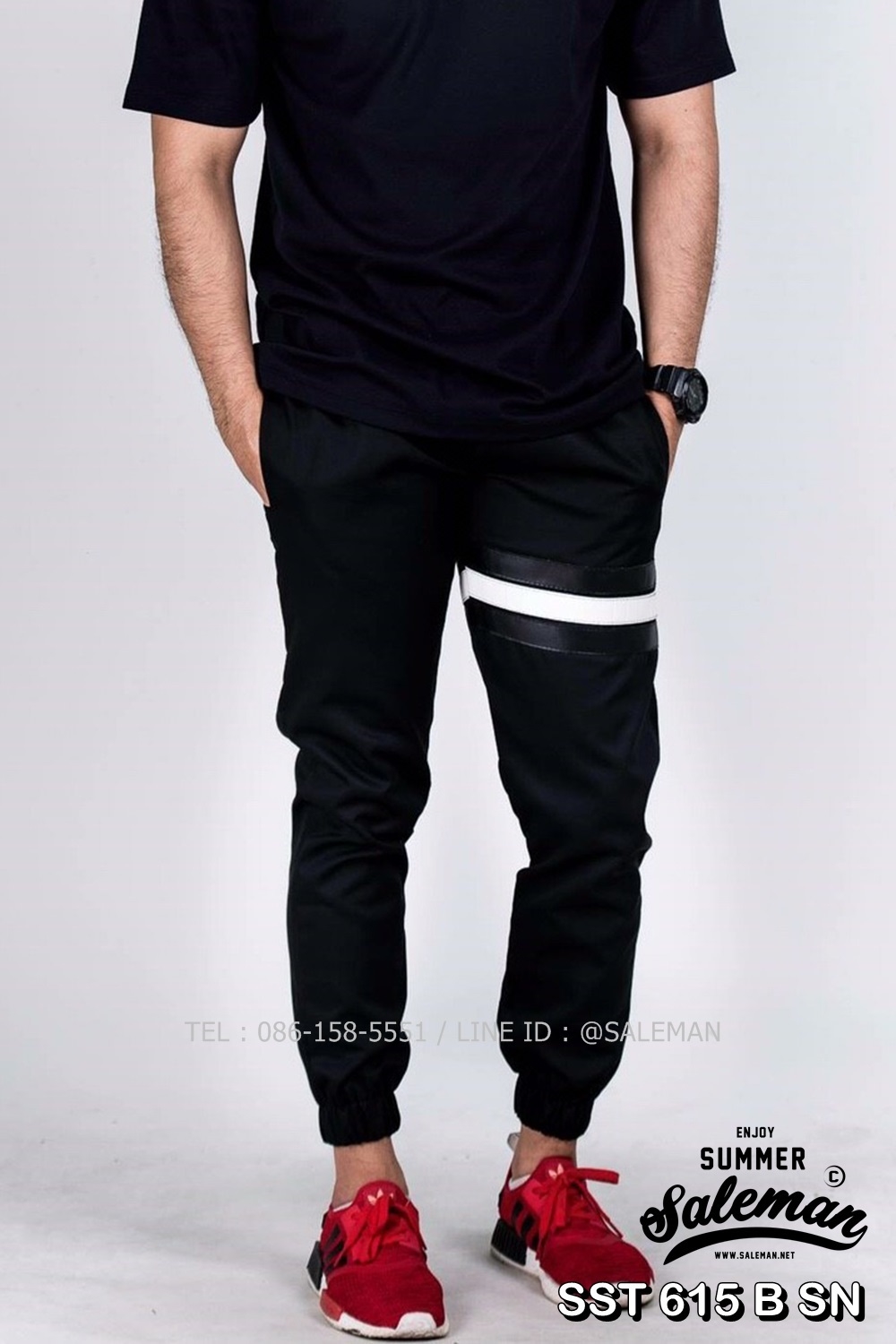 กางเกง JOGGER พรีเมี่ยม ผ้า COTTON รหัส SST 615 B SN สีดำ แถบดำงู SUMMER SALE